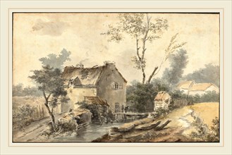 Louis Gabriel Moreau, French (1739-1806), Mill with Bridge and Figures, watercolor over graphite on