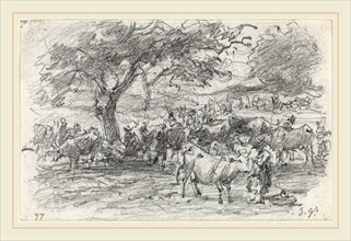 EugÃ¨ne Boudin, French (1824-1898), Herdsmen and Cattle, 1877, graphite on wove paper