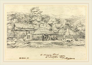 Charles Meryon, French (1821-1868), Greniers indigenes et habitations a Akaroa, presqu'Ile de