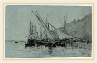 Adolphe Appian, French (1818-1898), The Port of Monaco, 1873, charcoal, black chalk, and gray wash