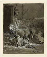 Charles Ãâmile Jacque, French (1813-1894), Sheep in a Manger, gray wash with touches of pink