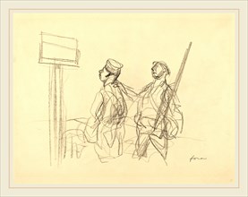 Jean-Louis Forain, Two Soldiers Looking at a Placard, French, 1852-1931, probably 1918, black