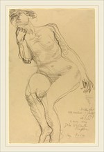 Auguste Rodin, Seated Female Nude Leaning to the Left, French, 1840-1917, 1908, graphite on folded