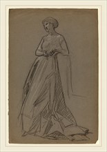 French 19th Century, Standing Woman Leaning on Her Elbow, 1890s, black chalk heightened with white