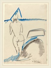 Ernst Ludwig Kirchner, Bather on the Beach, German, 1880-1938, 1912-1913, black crayon with blue