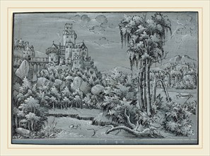 German 16th Century, Landscape with a Castle, 1544, pen and black ink with white heightening on