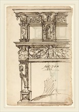 German or Austrian 16th Century, Palatial Mantelpiece with Mercury and Hope [recto], 1571, pen and