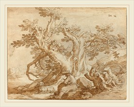 Abraham Bloemaert, Dutch (1564-1651), Landscape with Seated Figure and Dog, black chalk and pen and
