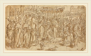 after Maarten de Vos, Coronation of the Emperor, pen and brown ink over graphite and touches of