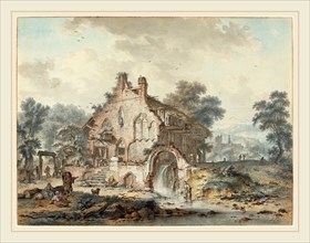 Hendrik de Meyer II (Netherlandish, 1744-1793), Rustic Watermill in a Gothic Ruin, 1778, pen and