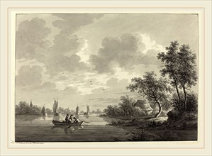Nicolaas Wicart, Dutch (1748-1815), Ameide on the River Lek, gray wash over black chalk on laid