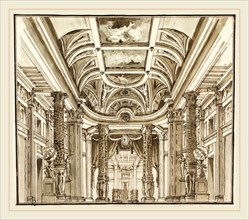 Pietro Gonzaga, Italian (1751-1831), Fantasy of a Great Hall with Basketweave Columns, c. 1800, pen