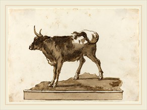 Giovanni Domenico Tiepolo, Italian (1727-1804), A Bull on a Ledge, 1770s, pen and brown ink with