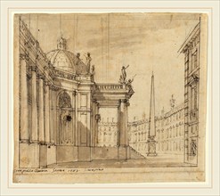 Giuseppino Galliari, Italian (1752-1817), Stage Design: A Piazza with a Domed Church and an