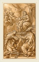 Giuseppe Nicola Nasini, Italian (1657-1736), The Madonna and Child Enthroned, Adored by Two Saints,