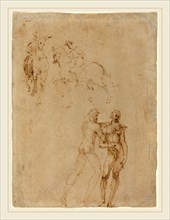 Attributed to Vincenzo Tamagni, Italian (1492-c. 1530), Two Horsemen and Two Male Nudes, pen and