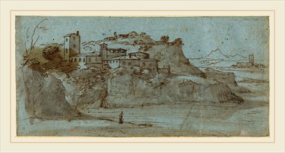 Master of the Blue Landscapes, Italian (active 1650), Village atop a River Cliff [recto], pen and
