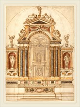 Italian 17th Century, An Elaborate Altar of Colored Marble Ornamented with Sculptures, 1600s, pen