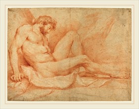 Andrea Sacchi, Italian (1599-1661), Academic Nude Study of a Seated Male, red chalk heightened with
