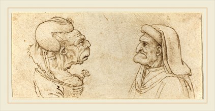 Francesco Melzi after Leonardo da Vinci, Italian (1493-c. 1570), Two Grotesque Heads, pen and brown