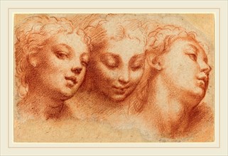 Parmigianino, Italian (1503-1540), Three Feminine Heads, c. 1522-1524, red chalk on laid paper;