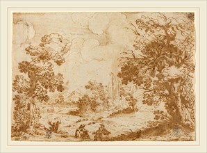 Agostino Carracci, Italian (1557-1602), Landscape with Two Washerwomen, 1580s, pen and brown ink on