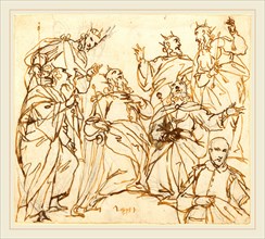 Alessandro Maganza, Italian (1556-1640), Six Kings and a Donor, pen and brown ink over black chalk