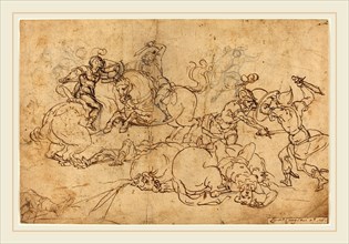 Luca Cambiaso, Italian (1527-1585), Soldiers Fighting, pen and brown ink over black chalk on laid