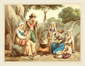 Bartolomeo Pinelli, Italian (1781-1835), A Peasant Family Cooking over a Campfire, watercolor over