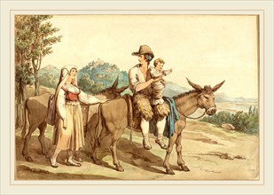 Bartolomeo Pinelli, Italian (1781-1835), A Peasant Family with Their Donkey, watercolor over