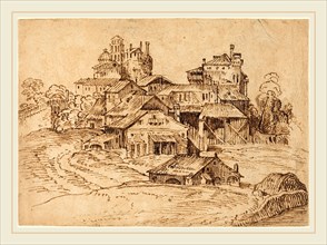 Bolognese 17th Century, View of an Italian Town (after Titian or Domenico Campagnola), pen and