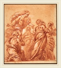 Bartolomeo Biscaino, Italian (1632-1657), Christ Appearing to the Three Marys, red chalk with red