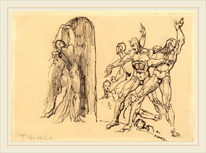 Theodore M. von Holst, British (1810-1844), Five Male Nudes Gesticulating as a Nude Woman Enters a