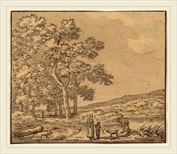Théodore Rousseau, French (1812-1867), A Landscape with Three Figures and a Dog, pen and black ink,