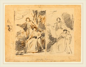 George Romney, British (1734-1802), Two Studies for a Family Portrait, graphite with pen and brown