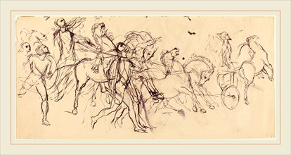 EugÃ¨ne Delacroix, French (1798-1863), Charioteers, pen and black ink with black wash on wove paper