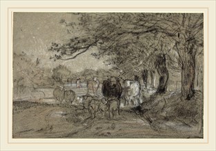 Constant Troyon, French (1810-1865), Cows Under Trees, charcoal, with white and orange chalk on