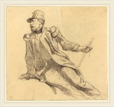 Hippolyte Bellangé, French (1800-1860), A Seated Soldier, black chalk over graphite on wove paper