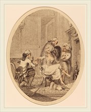 Peltro William Tomkins, British (1760-1840), The French Fireside, stipple and etching, hand-colored