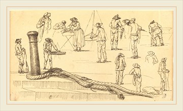 Vernet, Personnages au bord d'un quai et corde attachée à un bollard