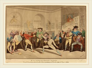 after Thomas Rowlandson, Mr. H. Angelo's Fencing Academy, 1887, hand-colored etching