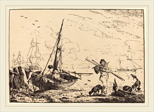 John Thomas Serres, British (1759-1825), Marine: Fishing Boats on Shore, Man with Oars, Ship in