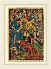 French 15th Century, Beheading of Saint Catherine (?), woodcut, hand-colored