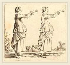 Jacques Callot, French (1592-1635), Peasant Woman, in Profile, Facing Right,  with Arm Extended,