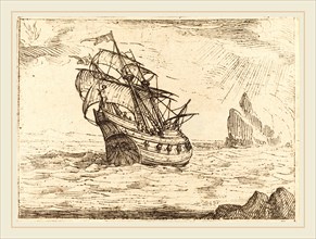 Jacques Callot, French (1592-1635), Ship Navigating Near Rocks, etching