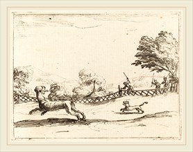 Jacques Callot, French (1592-1635), Lioness and Cub Pursued by Hunters, etching