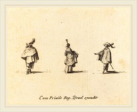Jacques Callot, French (1592-1635), Lady with Dress Gathered Up, and Two Gentlemen, probably 1634,