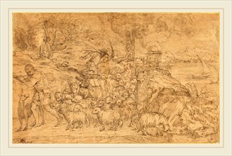 Domenico Campagnola, Italian (before 1500-1564), Shepherd Playing a Flute and Leading His Flock,