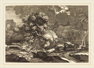 Sébastien Bourdon, French (1616-1671), Landscape with a Frightened Waggoner, engraving