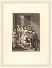 Nicolas Delaunay after Jean-Michel Moreau, French (1739-1792), Saint-Preux sort de chez des femmes